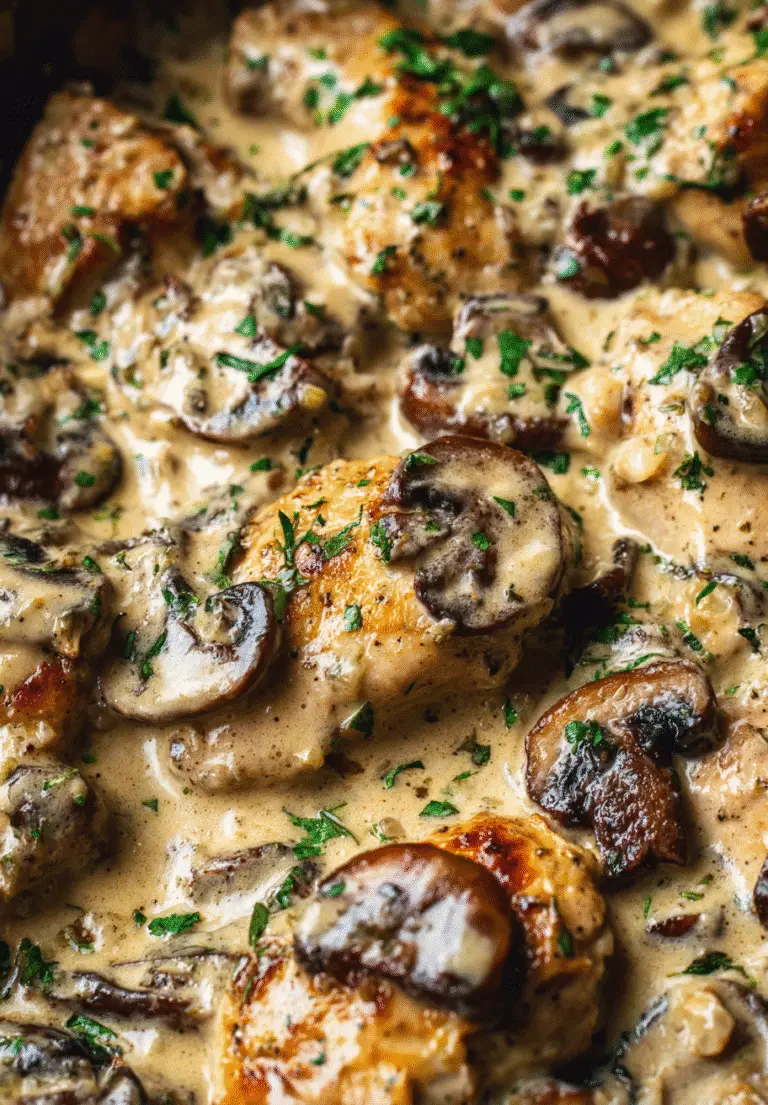Creamy chicken stroganoff with mushrooms and parsley in a rich skillet sauce, featuring golden seared chicken pieces.