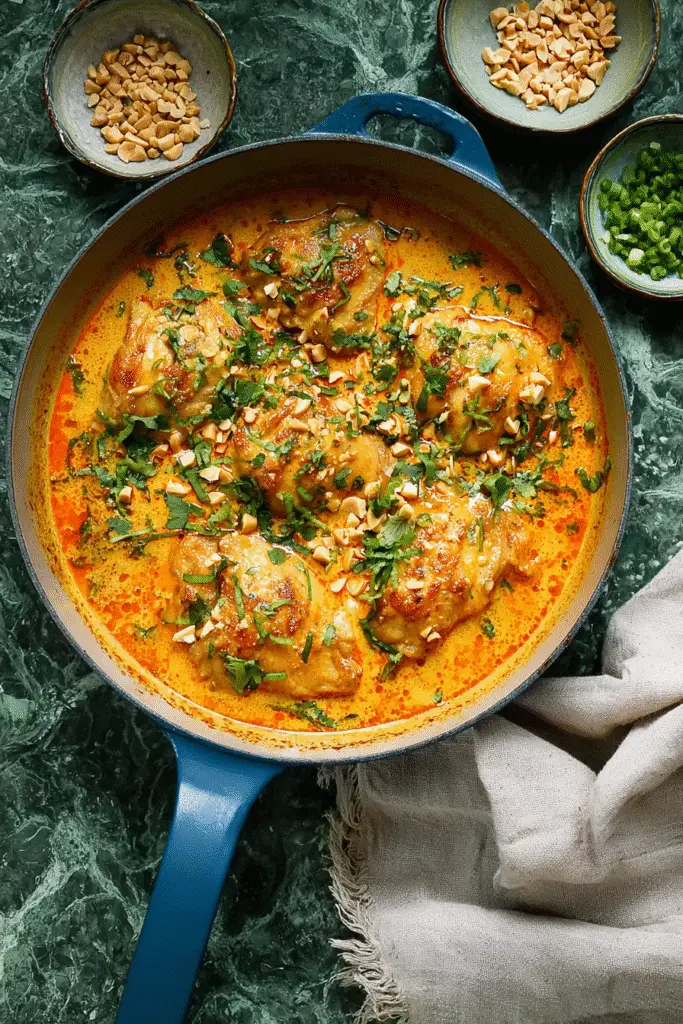Golden chicken thighs simmering in creamy coconut lime sauce, garnished with cilantro and chopped peanuts in a skillet.