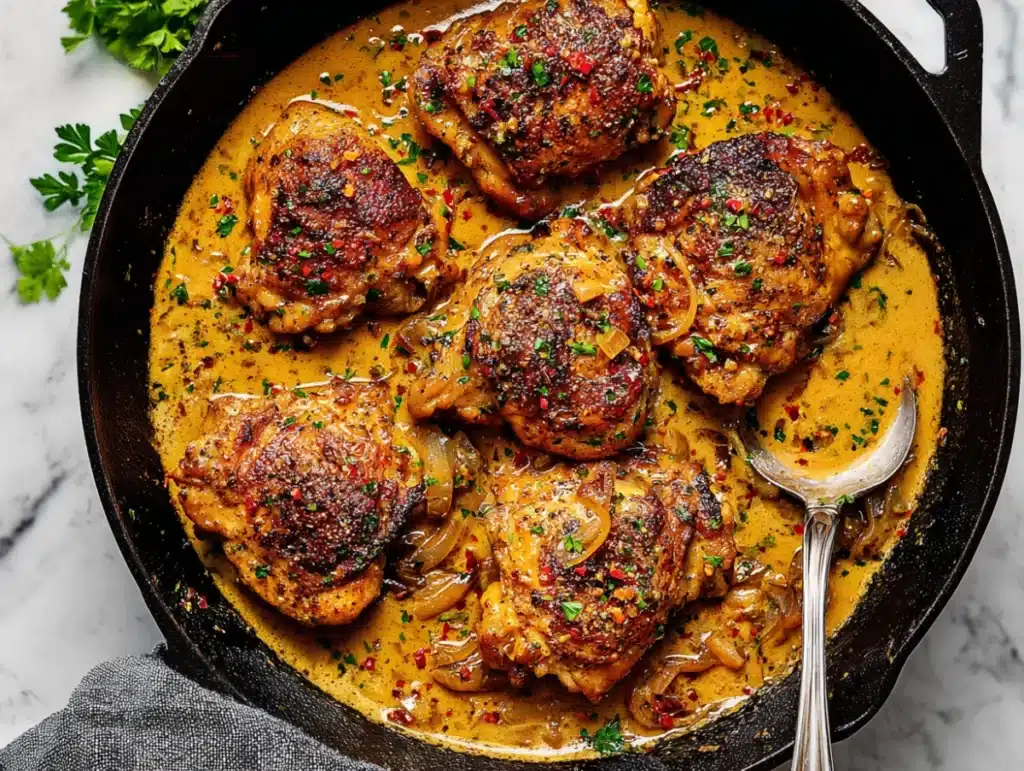 Juicy golden-browned chicken thighs simmered in creamy garlic herb sauce inside a black cast iron skillet

