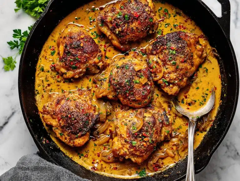 Juicy golden-browned chicken thighs simmered in creamy garlic herb sauce inside a black cast iron skillet