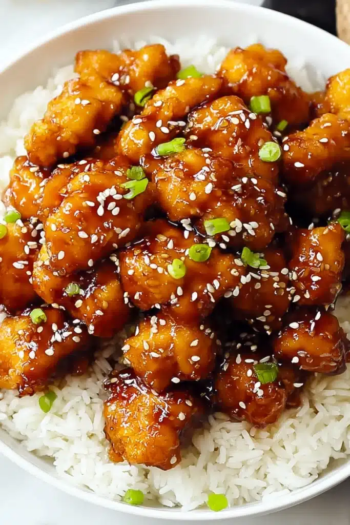 Golden crispy honey garlic chicken on white rice, garnished with sesame seeds and green onions, in a white bowl

