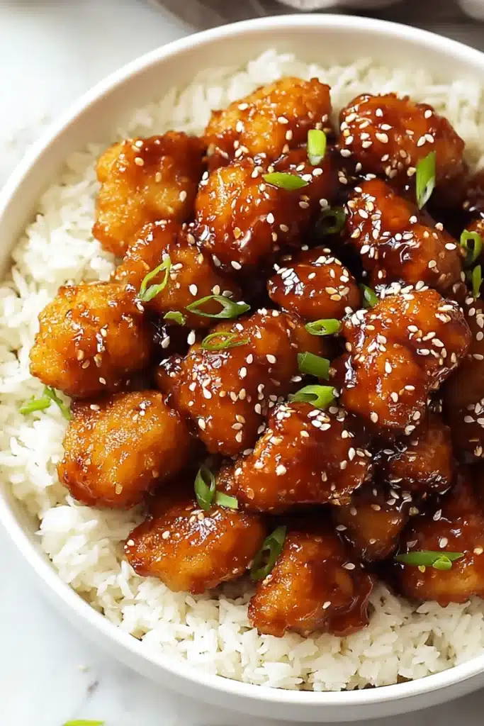 Crispy honey garlic chicken pieces on white rice, garnished with sesame seeds and green onions in a ceramic white bowl

