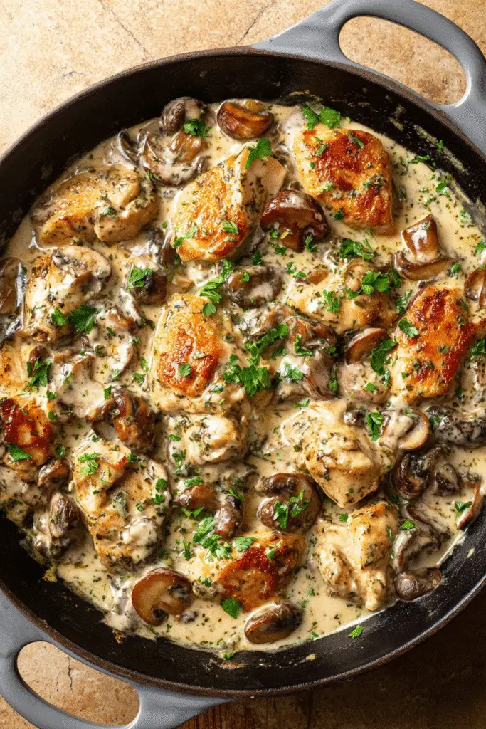 Golden seared chicken in creamy mushroom stroganoff sauce, garnished with fresh parsley in a cast iron skillet.