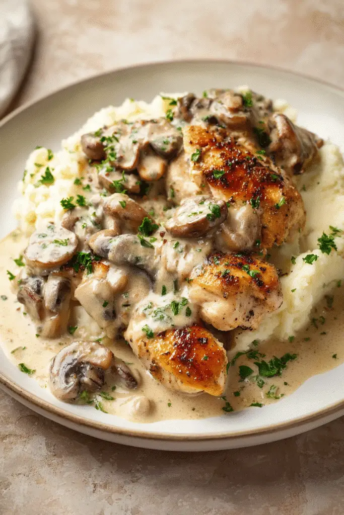 Creamy chicken stroganoff served over mashed potatoes with sautéed mushrooms and chopped parsley on a white plate.