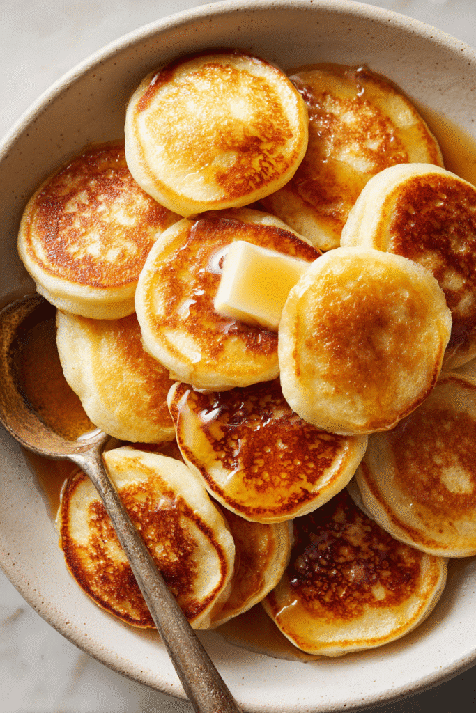Golden mini pancakes served in a bowl with maple syrup, soft and fluffy with a delicious crispy edge, ready to enjoy.
