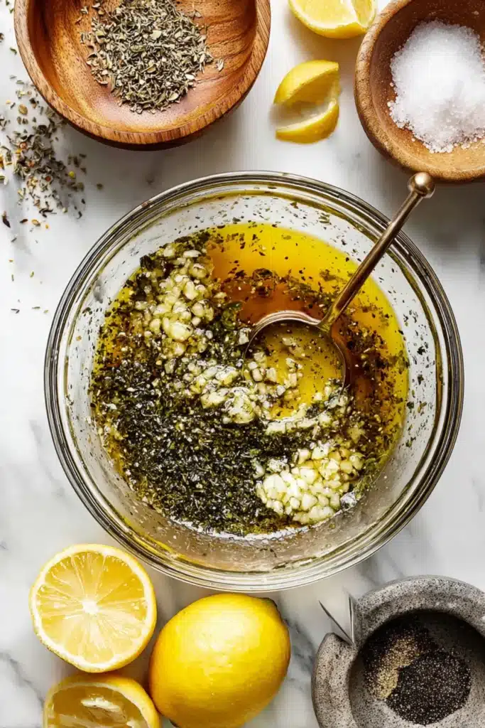 Fresh Greek lemon chicken marinade with olive oil, garlic, oregano, and lemon in a glass bowl, top-down view.