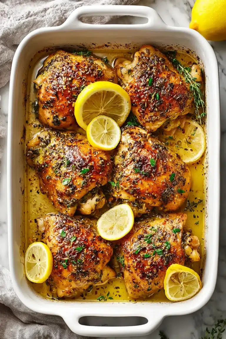Greek lemon chicken thighs roasted in golden olive oil, garnished with lemon slices and herbs in a white baking dish.