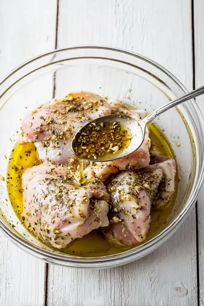 Raw chicken thighs marinating in olive oil, garlic, and herbs in a glass bowl, spoon drizzling flavorful marinade.
