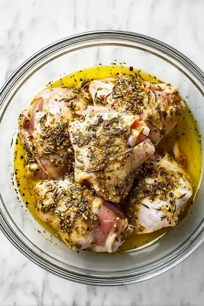 Raw chicken thighs marinated in olive oil, herbs, and lemon juice in a glass bowl, top-down view on marble surface.