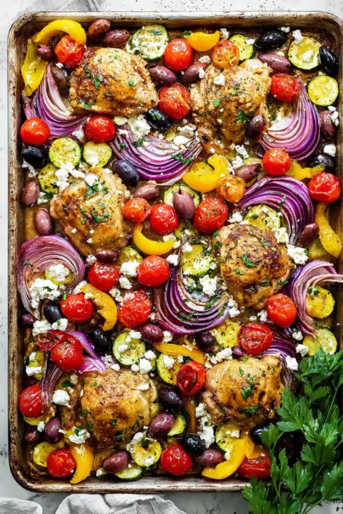 Sheet pan with Greek chicken thighs, roasted tomatoes, zucchini, onions, bell peppers, olives, and crumbled feta cheese