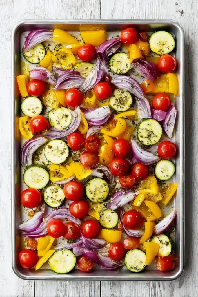Chopped red onions, cherry tomatoes, zucchini, and yellow bell peppers seasoned and ready for a Greek sheet pan dinner.