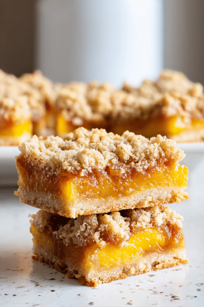 Thick peach bars with buttery crust and golden crumb topping, stacked to show juicy peach filling and crumbly texture