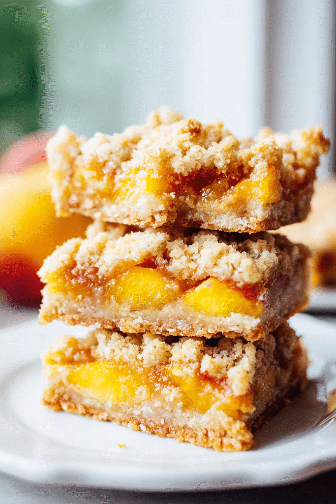 Buttery peach bars with golden crumb topping, stacked on a white plate, bursting with fresh juicy peach filling