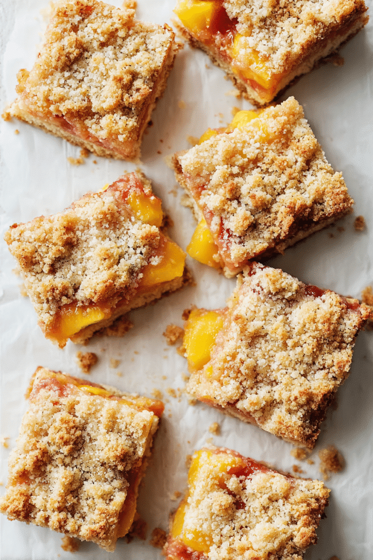 Freshly baked peach bars with golden crumb topping, arranged on parchment paper, filled with juicy peach layers