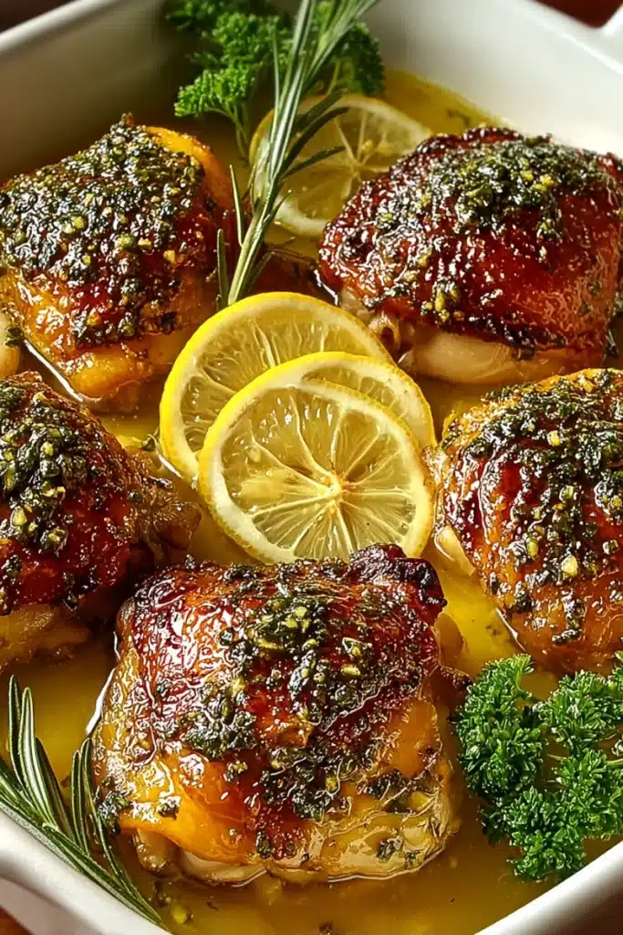 Crispy herb-roasted chicken thighs glazed with lemon butter sauce, garnished with lemon slices, rosemary, and parsley.