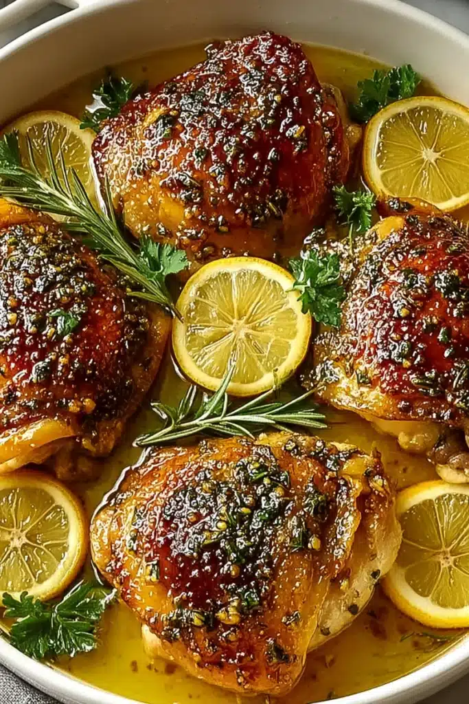 Crispy roasted chicken thighs with herb-garlic crust, lemon slices, and rosemary in a golden buttery pan sauce.
