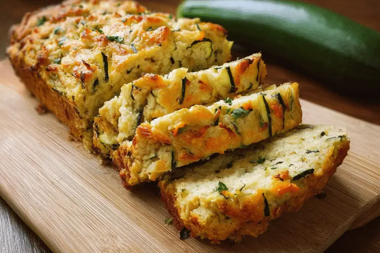A delicious, freshly baked loaf of zucchini cheese bread on a wood cutting board, with several slices cut and arranged.