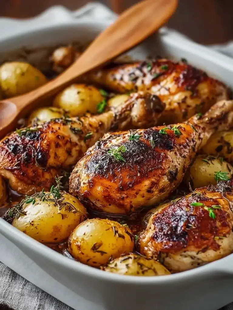 Caramelized maple mustard chicken drumsticks with baby potatoes and herbs in a baking dish, rustic comfort dinner style.