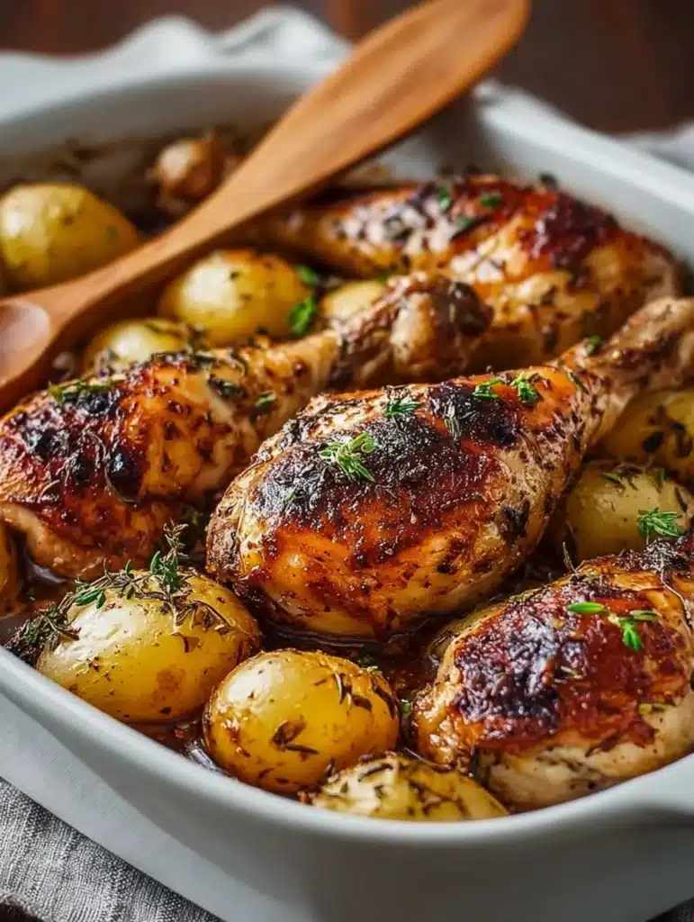 Caramelized maple mustard chicken drumsticks with baby potatoes and herbs in a baking dish, rustic comfort dinner style.