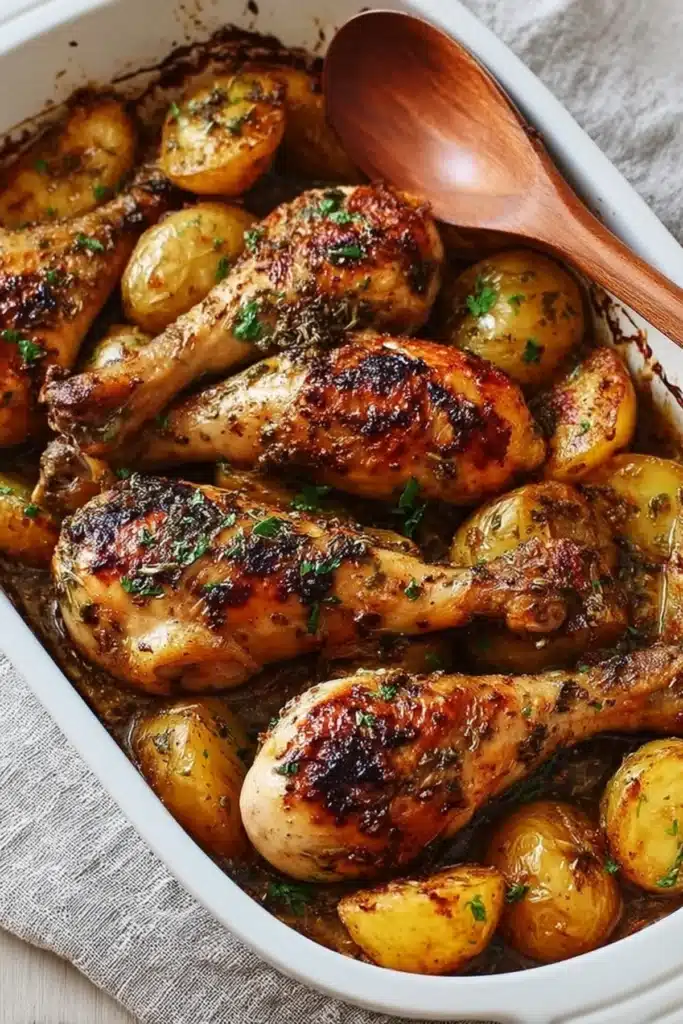 Juicy maple mustard chicken drumsticks with golden baby potatoes, roasted in herbs and sauce, served in a white casserole.