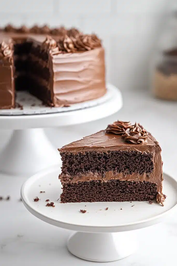 Single slice of triple-layer chocolate cake with creamy frosting, displayed on a small cake stand in front of whole cake