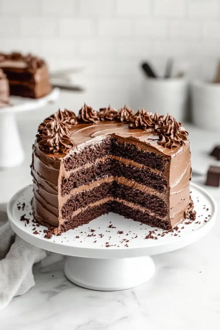 Whole triple-layer chocolate cake with creamy frosting, slice removed to reveal moist layers, on a white cake stand