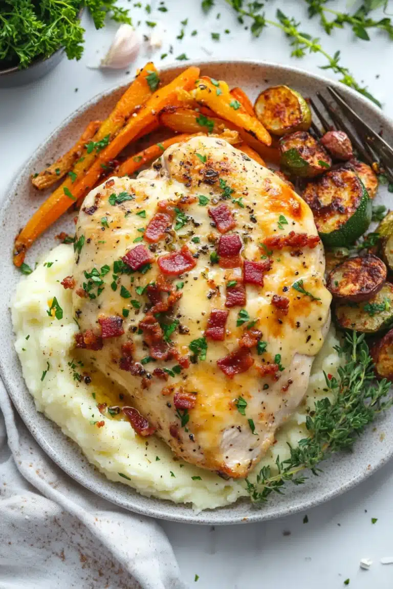 Cheesy baked chicken breast with bacon, mashed potatoes, roasted carrots, and zucchini on a rustic dinner plate