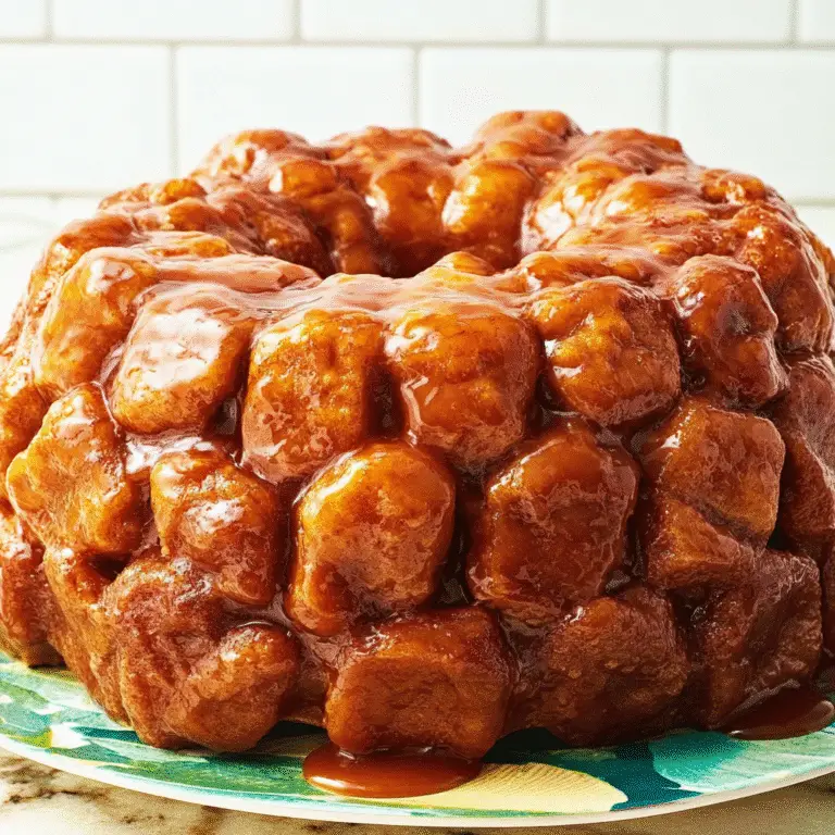 Golden-brown monkey bread with canned biscuits, dripping in caramel glaze, soft pull-apart texture, perfect for breakfast.