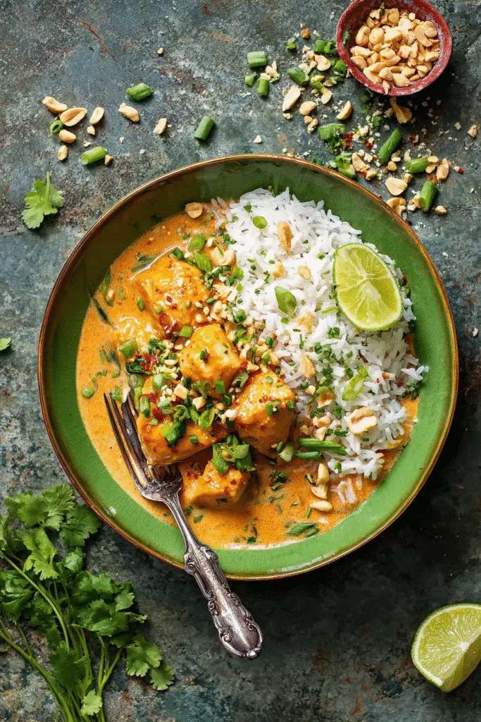 Coconut lime chicken served with jasmine rice, chopped peanuts, scallions, and a fresh lime wedge on a green plate.