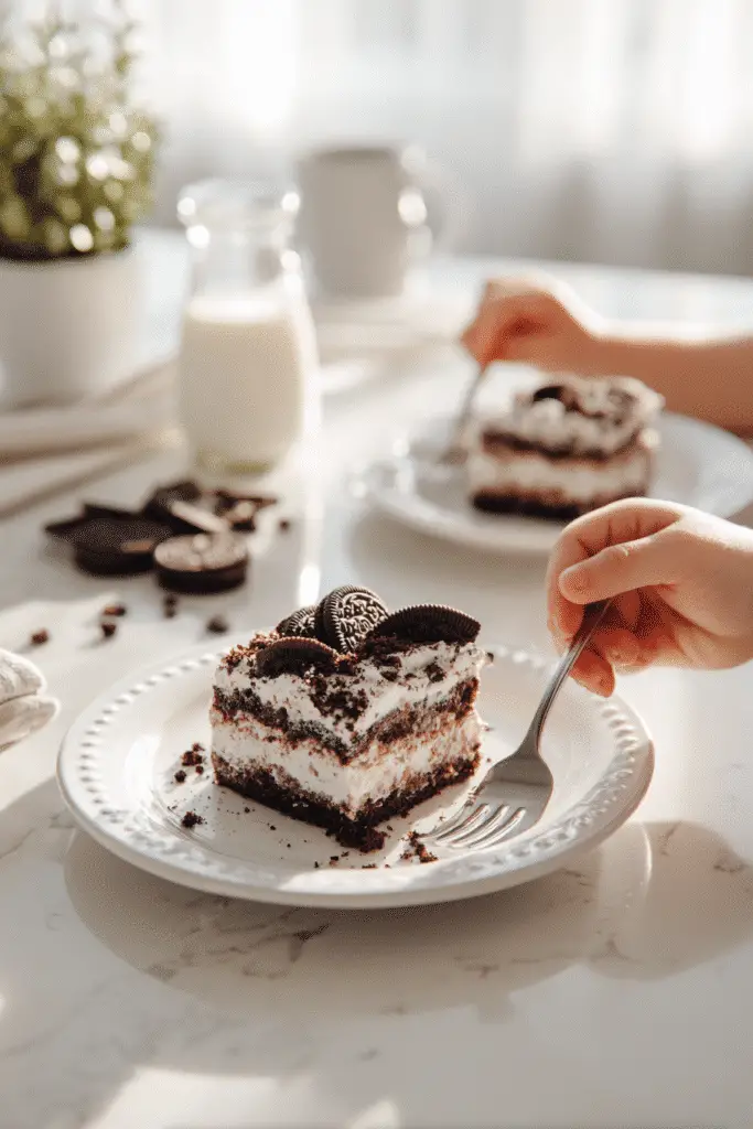 Slice of Oreo Poke Cake topped with whipped cream and cookies on a white plate, being enjoyed at a sunlit kitchen table.