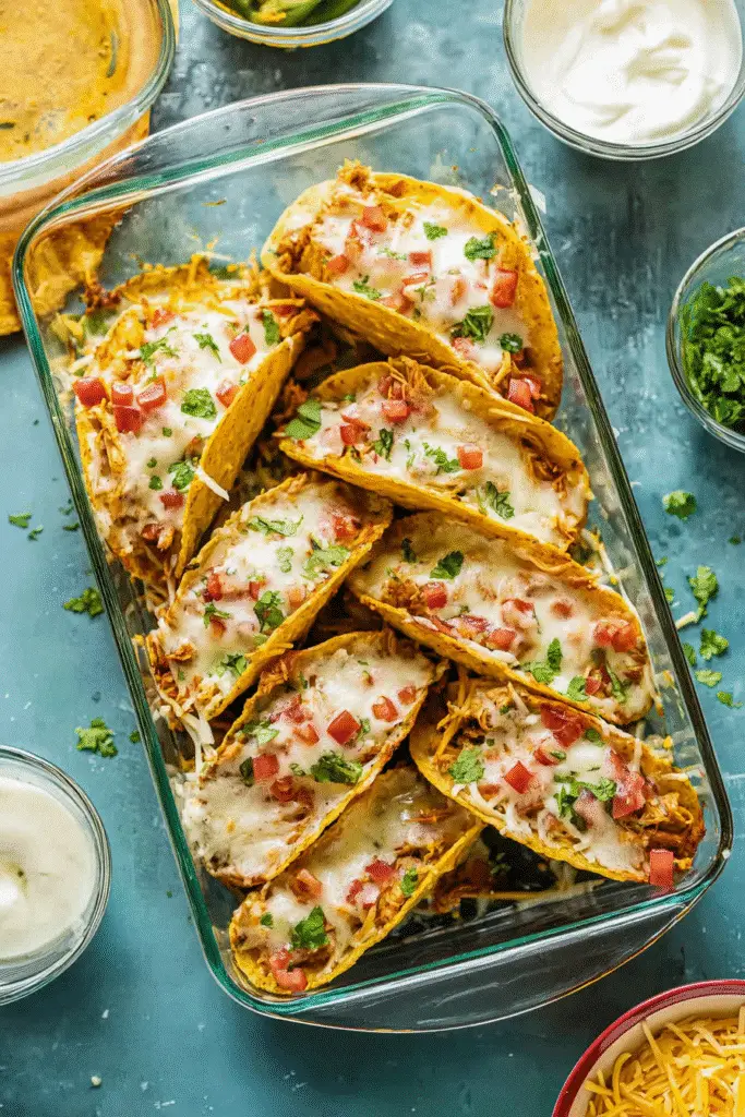 Oven-baked chicken tacos in a glass dish, topped with melted cheese, diced tomatoes, and chopped cilantro.