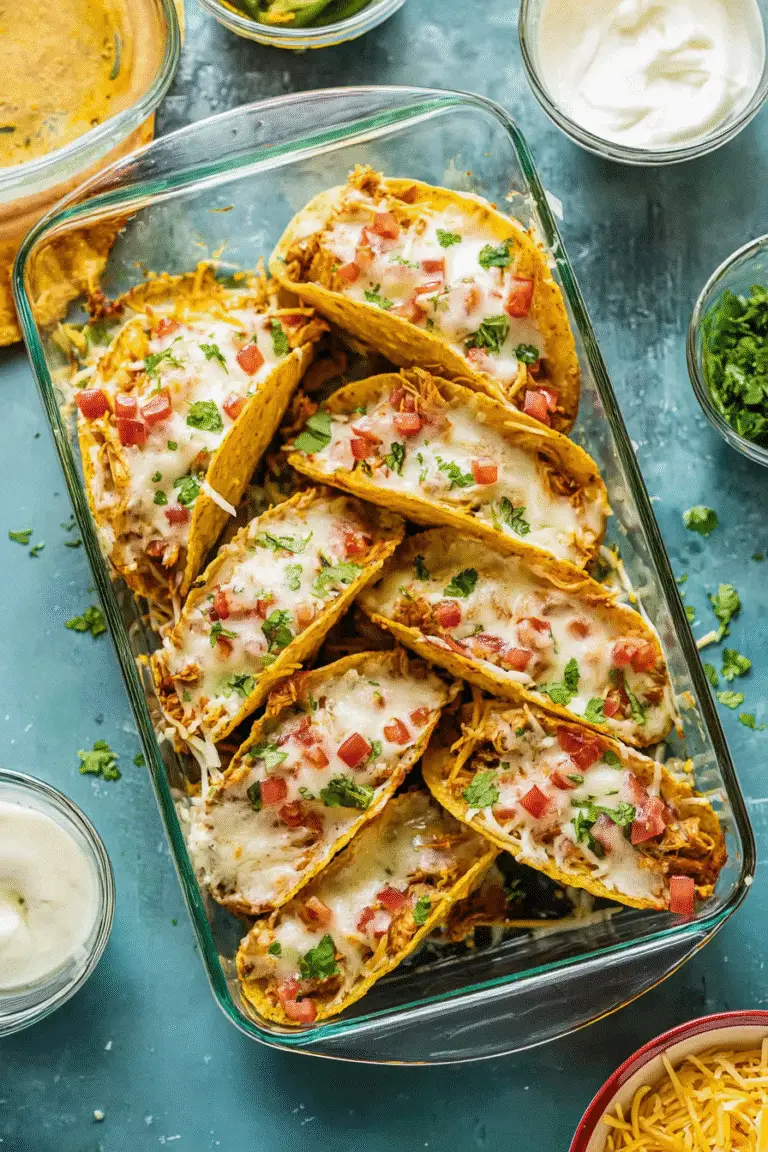 Oven-baked chicken tacos in a glass dish, topped with melted cheese, diced tomatoes, and chopped cilantro.