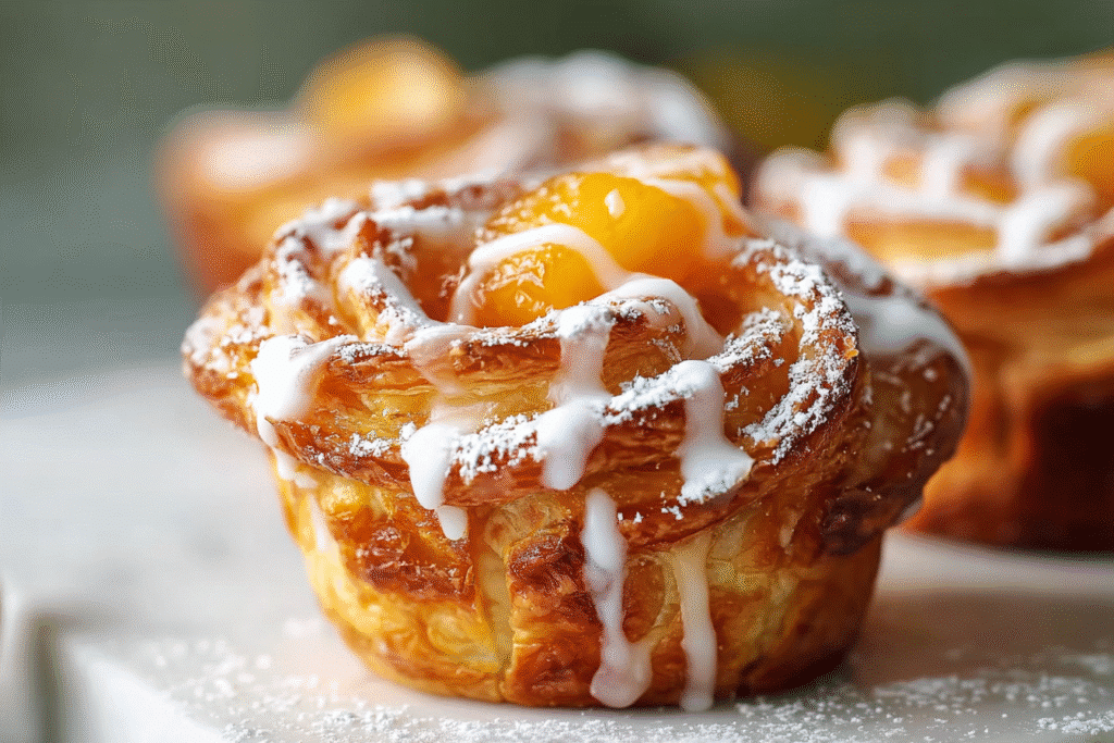 Golden peach pie cruffin with flaky pastry layers, peach filling, and icing drizzle, topped with powdered sugar