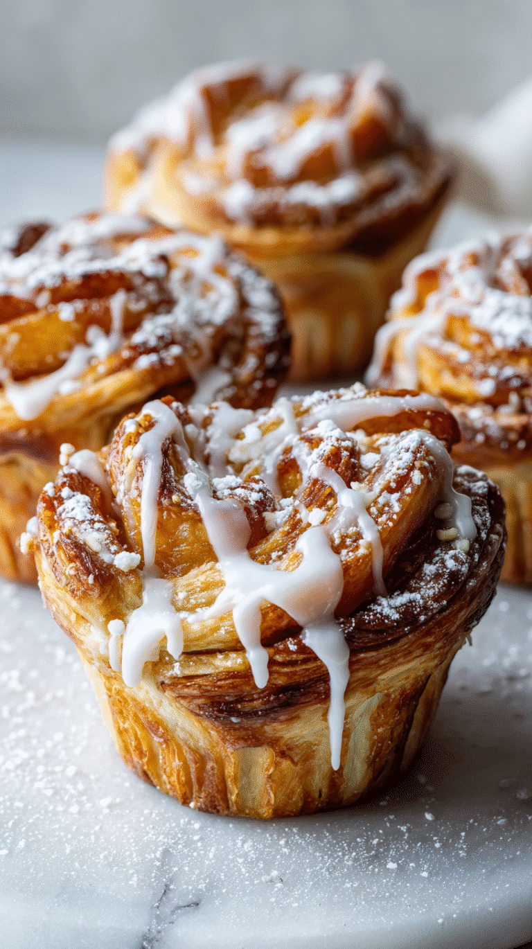 Flaky peach pie cruffin topped with icing drizzle and powdered sugar, showing golden layers of pastry and peach filling