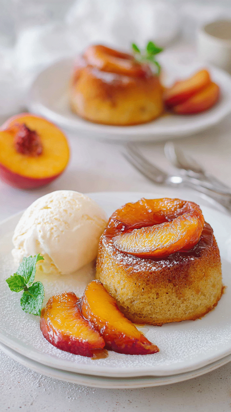 A close-up of a single serving peach upside-down cake dusted with powdered sugar, with a scoop of vanilla ice cream.