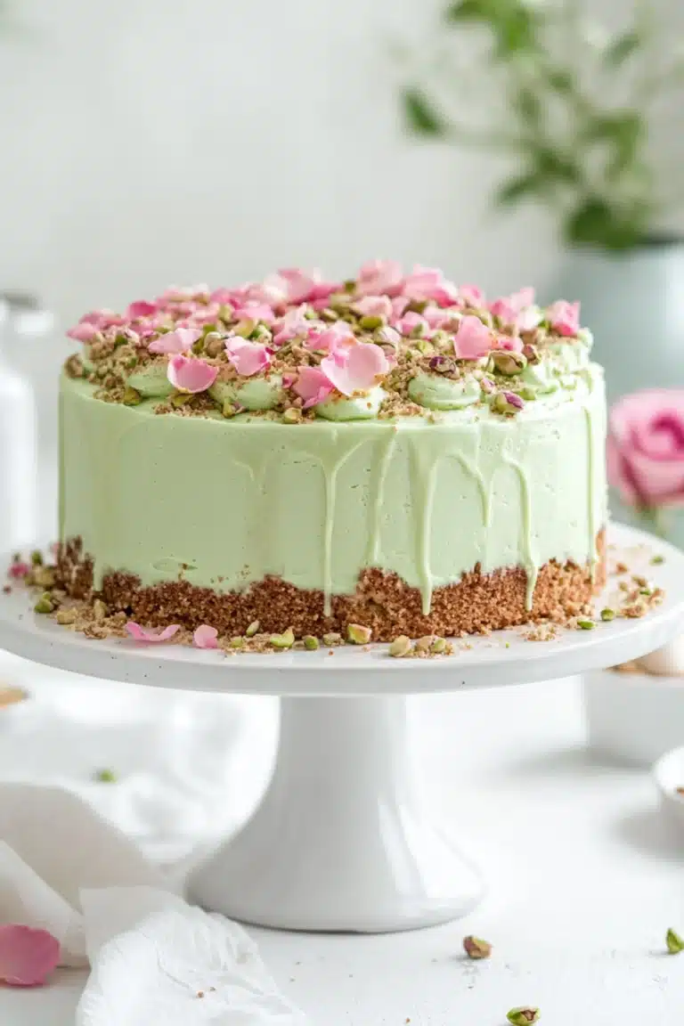 Elegant pistachio cake with pale green frosting, topped with crushed pistachios and pink rose petals on a white cake stand