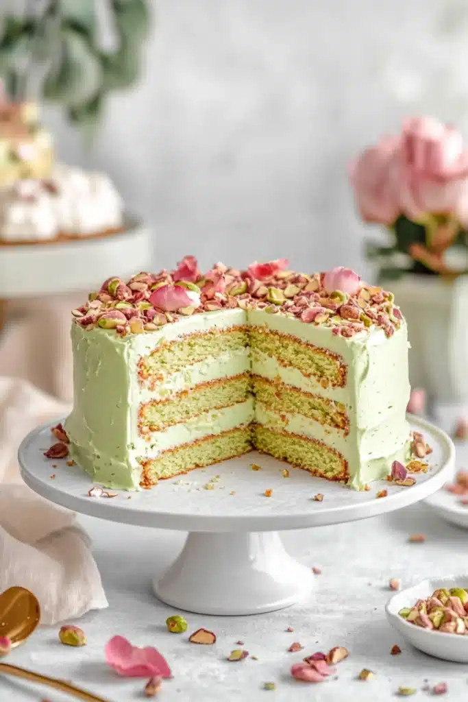 Whole pistachio cake with pale green frosting, topped with pistachios and rose petals, slice removed to show layers