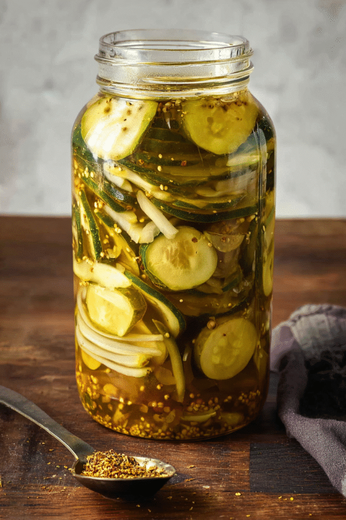 Crunchy cucumber slices and onions in golden brine with spices, stored in a tall jar for homemade bread and butter pickles