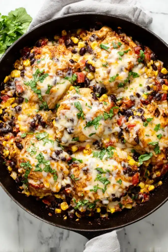 Santa Fe chicken breasts baked in a cast iron skillet with melted cheese, corn, black beans, and cilantro, top-down view