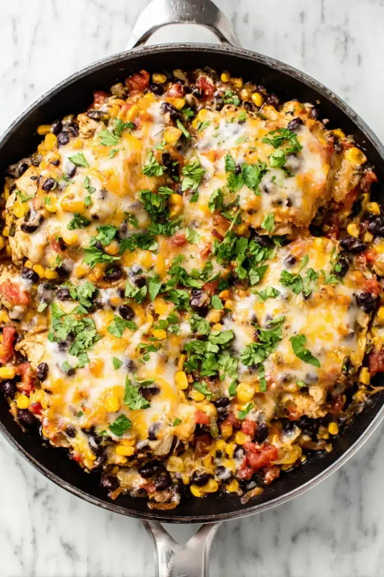 Santa Fe chicken skillet loaded with melted cheese, black beans, corn, diced tomatoes, and cilantro, top-down in cast iron pan