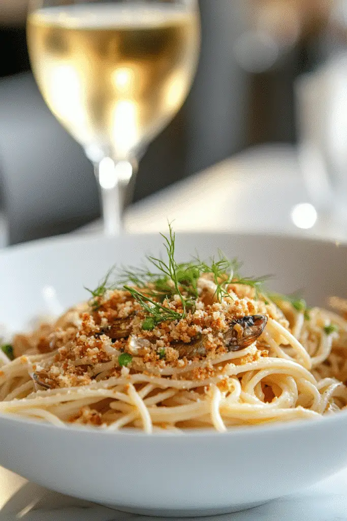 Sicilian sardine pasta with toasted breadcrumbs and fennel served in a white bowl with a glass of white wine in the background