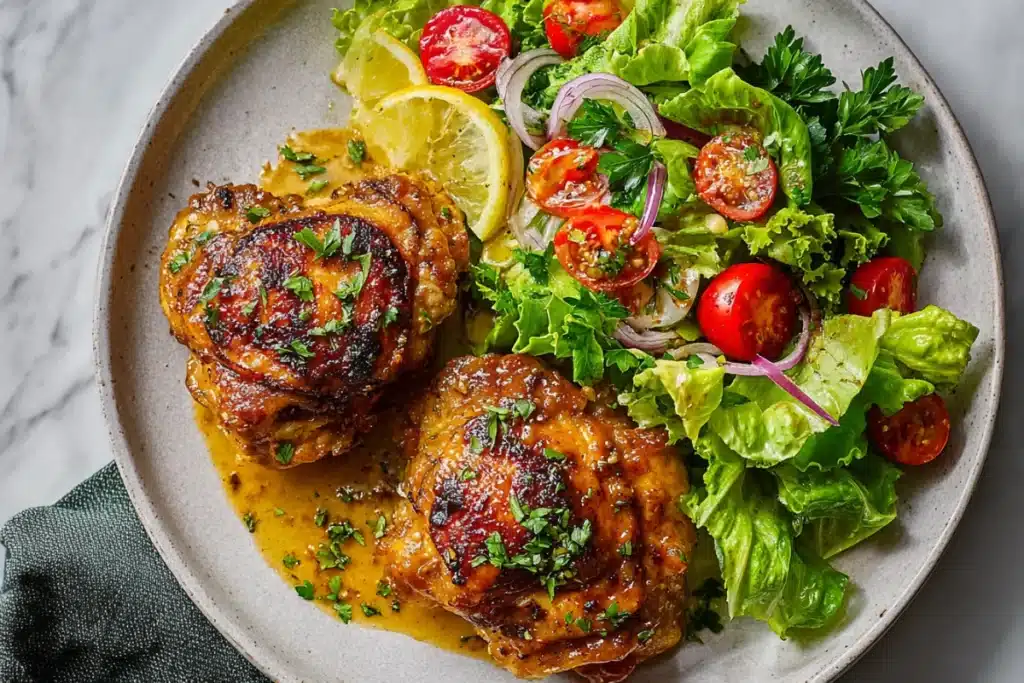 Seared chicken thighs with golden glaze served beside fresh salad with tomatoes, onions, parsley, and lemon slices

This vibrant dish pairs juicy, skillet-seared chicken thighs with a crisp garden salad of romaine, cherry tomatoes, red onion, and lemon. It’s a wholesome and balanced plate bursting with color and flavor, perfect for a light and satisfying dinner.

