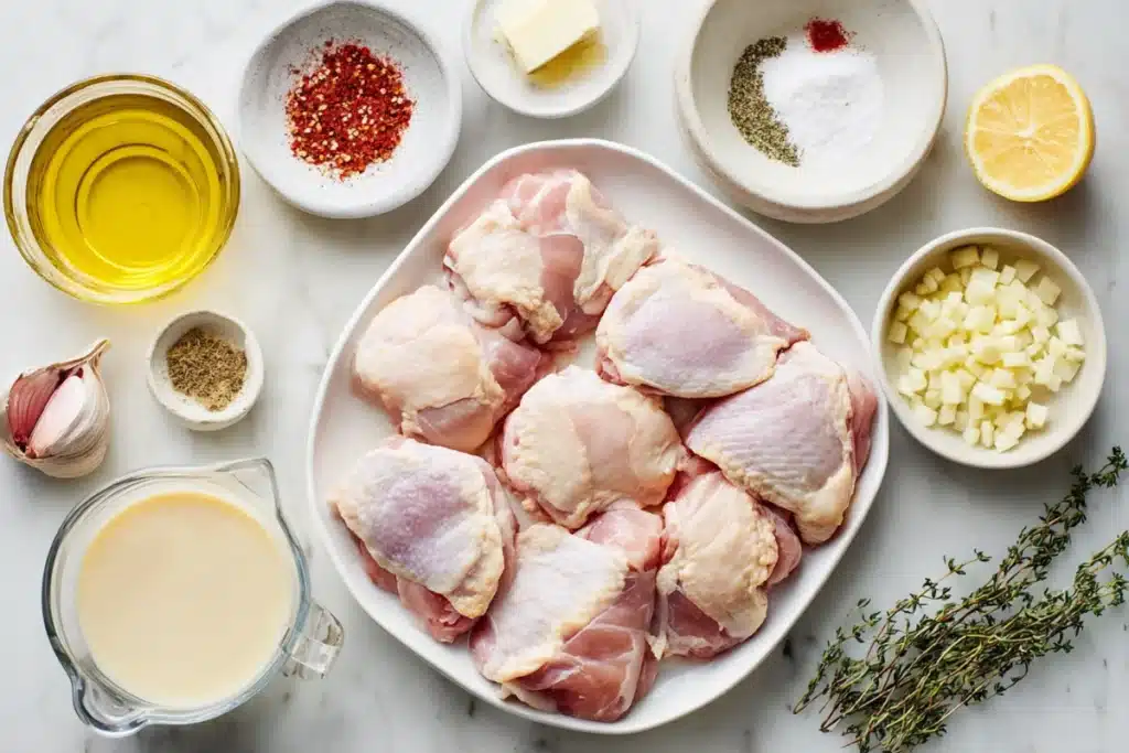 Raw chicken thighs with garlic, herbs, lemon, cream, and spices arranged neatly on a white marble counter

