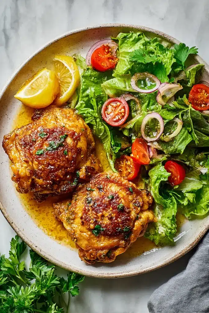 Golden skillet chicken thighs served with fresh green salad, cherry tomatoes, red onions, and lemon wedges on a plate