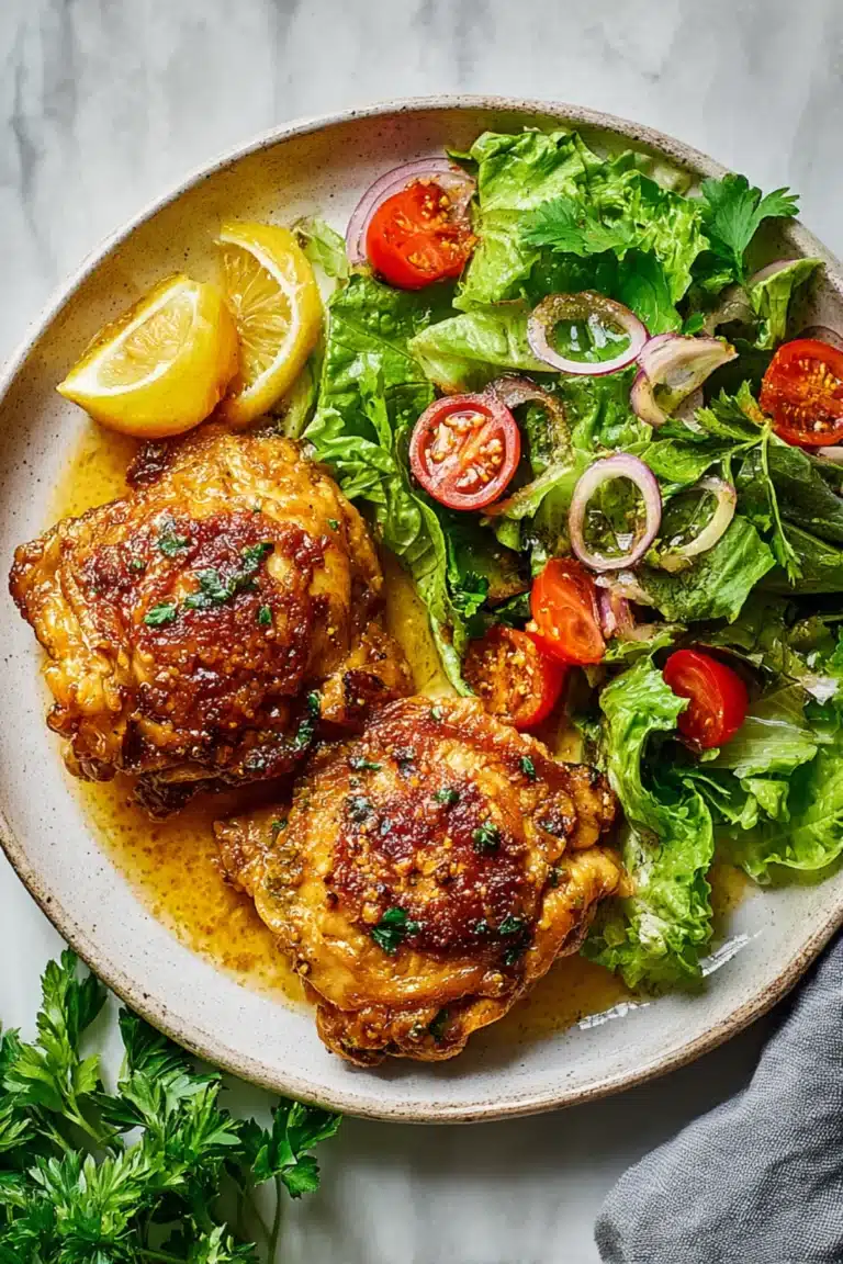 Golden skillet chicken thighs served with fresh green salad, cherry tomatoes, red onions, and lemon wedges on a plate