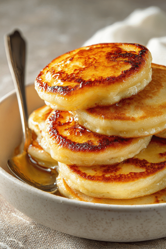Stack of fluffy mini pancakes drizzled with golden syrup in a ceramic bowl, warm and soft with a caramelized top.