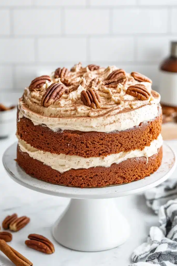 Two-layer spiced tomato soup cake with cream cheese frosting, topped with pecans and cinnamon on a white cake stand