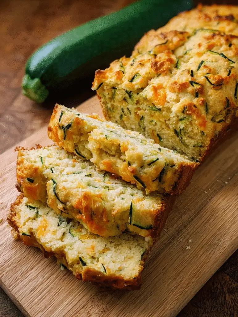 A sliced loaf of homemade zucchini cheese bread on a wooden cutting board, revealing a moist interior with shreds of zucchini.