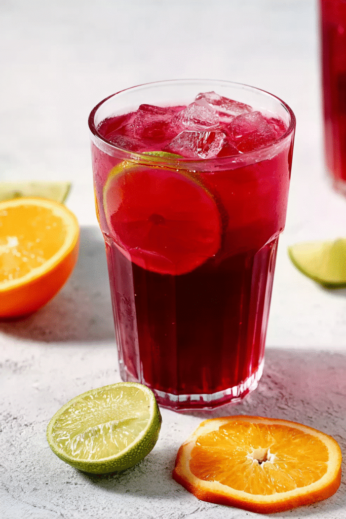 Chilled Agua Fresca de Jamaica with ice and lime slices, garnished with fresh orange and lime wedges."