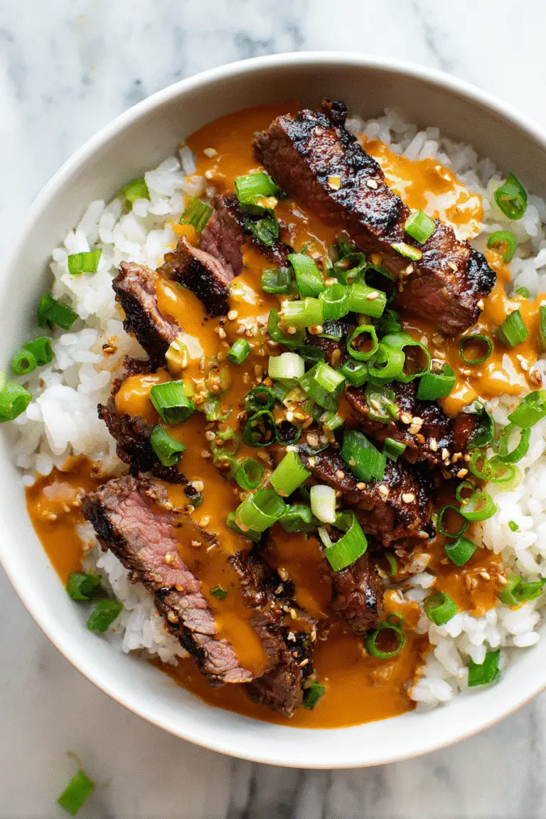 Korean BBQ Steak Rice Bowls with Spicy Cream Sauce